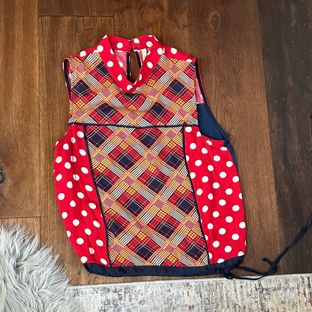 🌻Anthropologie Red Polka Dot & Plaid Sleeveless Top- Small